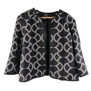 Kasper Blazer Womens 14 Black White Geometric Open Jacket 100% Silk 3/4 Sleeve
